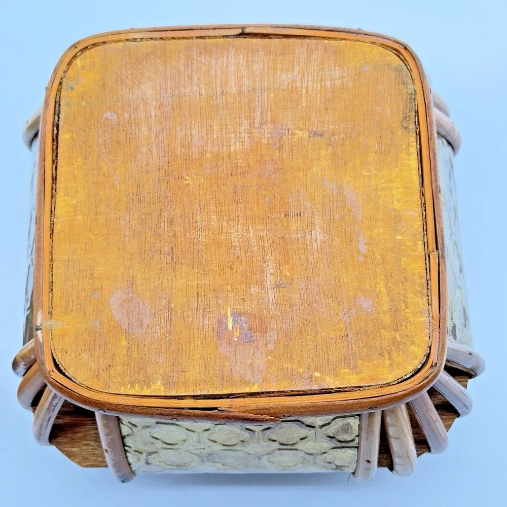 Vintage Bamboo Brass Wood Tabletop Storage Basket Box Patina Eclectic 6.5